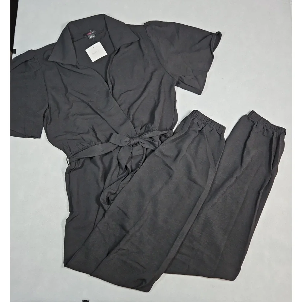 Fraiche By J Womens Black Collared Short Sleeve Jumpsuit Size Large NWT